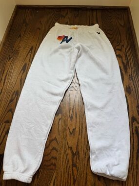 Aviator Nation White Joggers with Rainbow 'AV’Logo